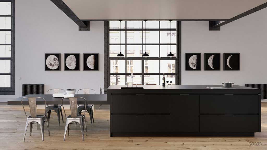 Cocina con encimera prolongada mesa